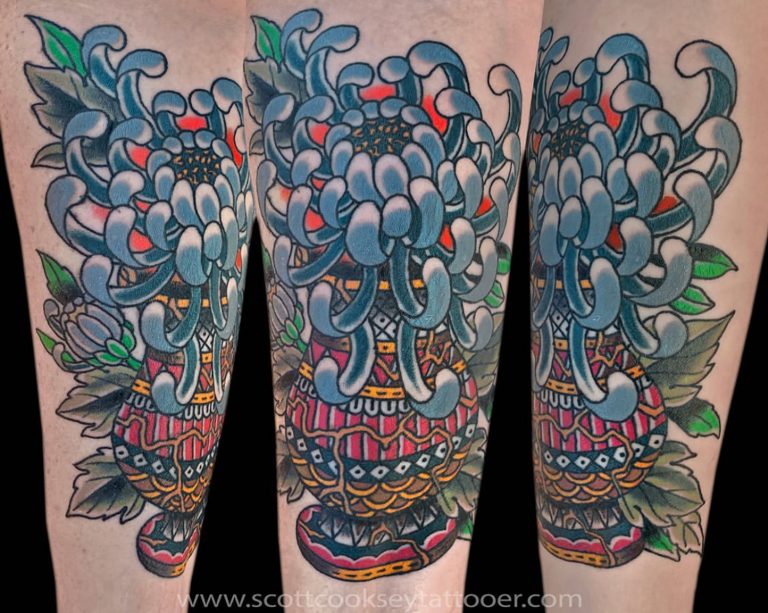Traditional chrysanthemum tattoo by Scott Cooksey