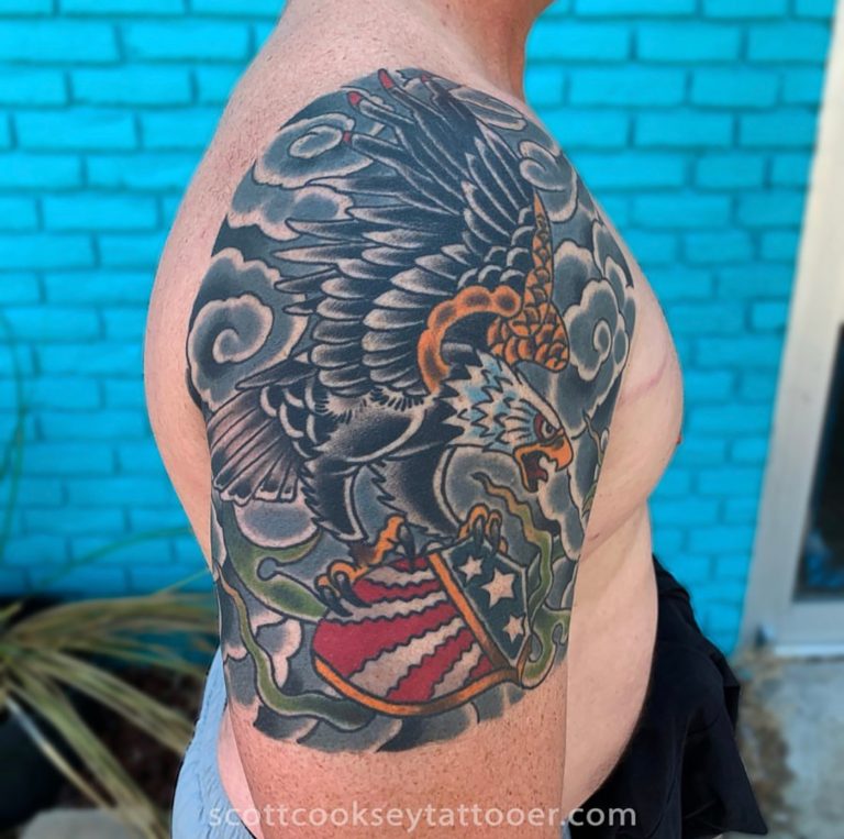 Traditional eagle tattoo by Scott Cooksey