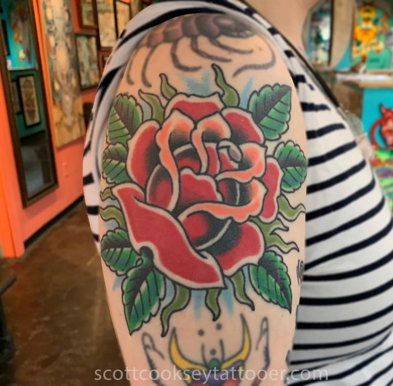 Traditional rose tattoo by Scott Cooksey