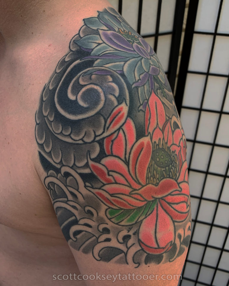 Lotus japanese traditional tattoo by Scott Cooksey