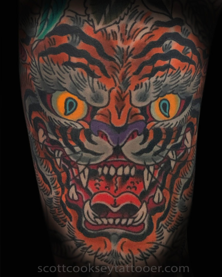 Japanese tiger traditional tattoo by Scott Cooksey