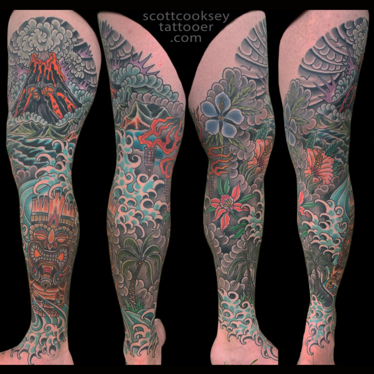Tiki japanese traditional flowers tattoo by Scott Cooksey