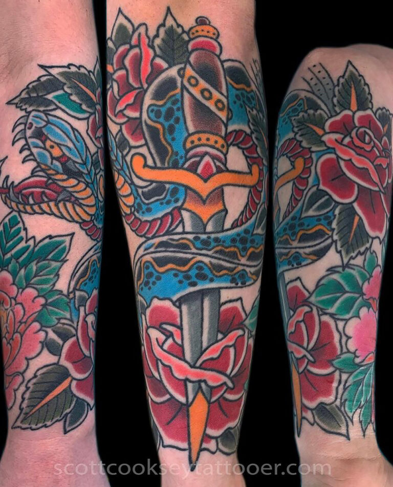 Traditional snake rose dagger tattoo by Scott Cooksey
