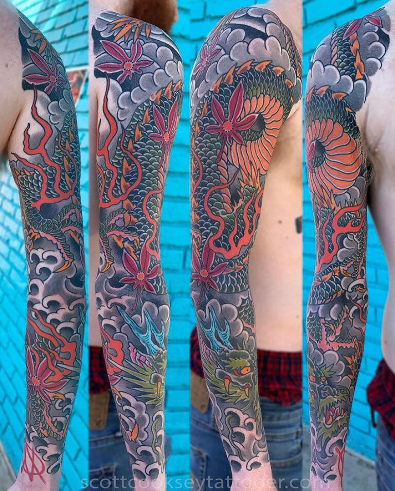 Traditional japanese dragon sleeve tattoo by Scott Cooksey