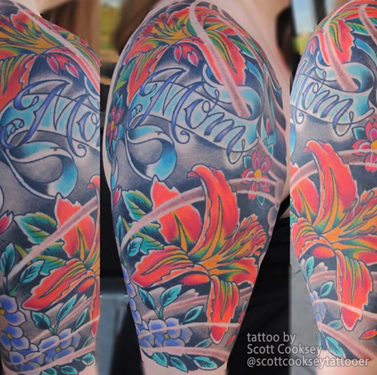 Traditional mom flowers tattoo by Scott Cooksey