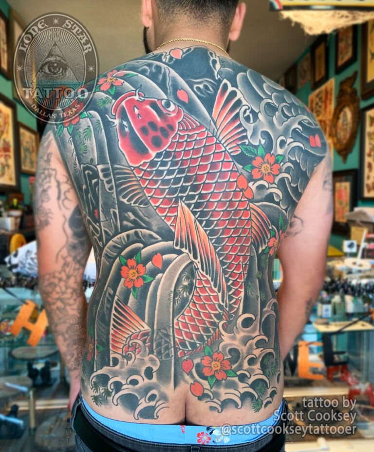 Japanese traditional koi back piece tattoo by Scott Cooksey