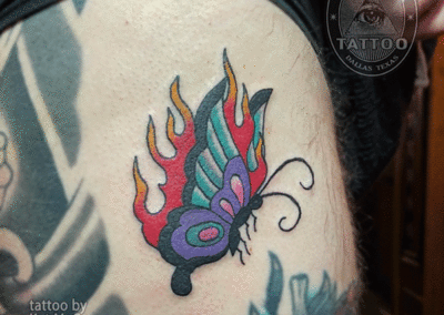 Dallas traditional tattoo flaming butterfly
