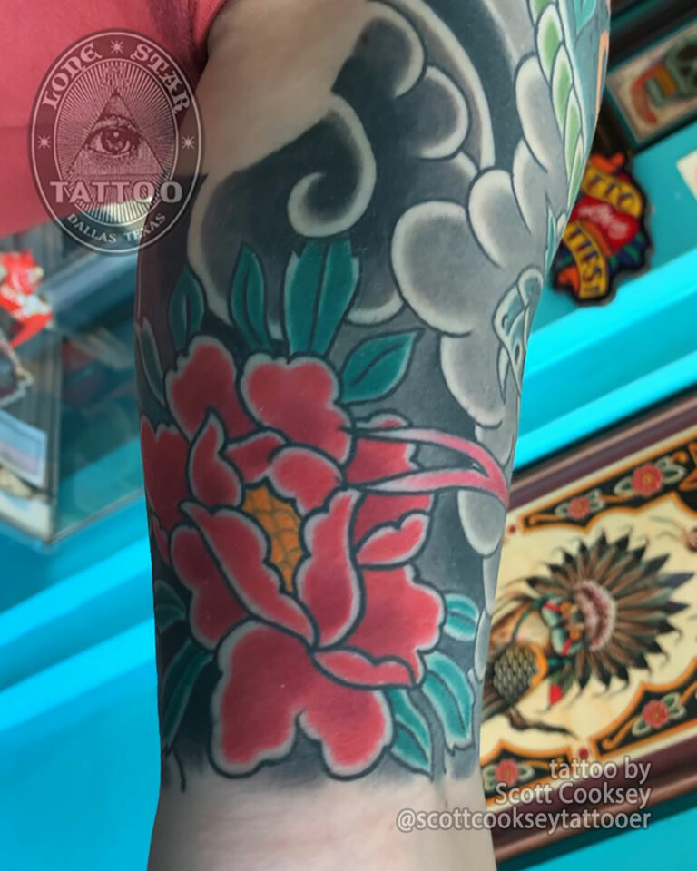 Japanese traditional botan peony tattoo by Scott Cooksey