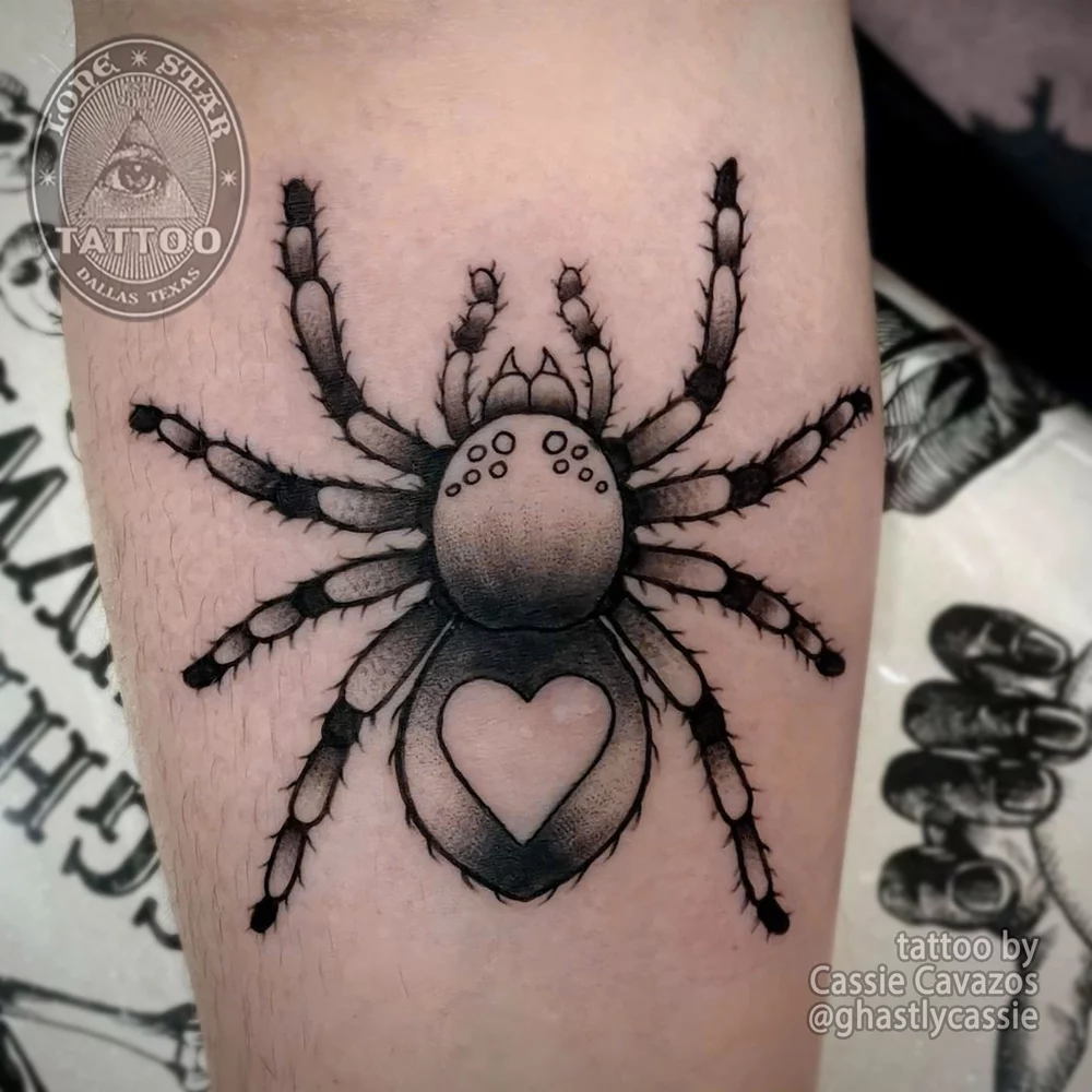 dallas traditional tattoo blackwork heart spider