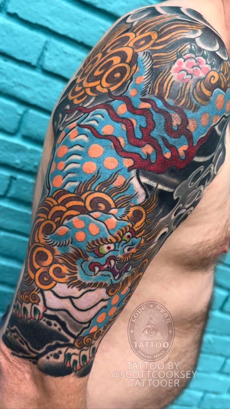Japanese irezumi foo dog shishi lion tattoo by Scott Cooksey