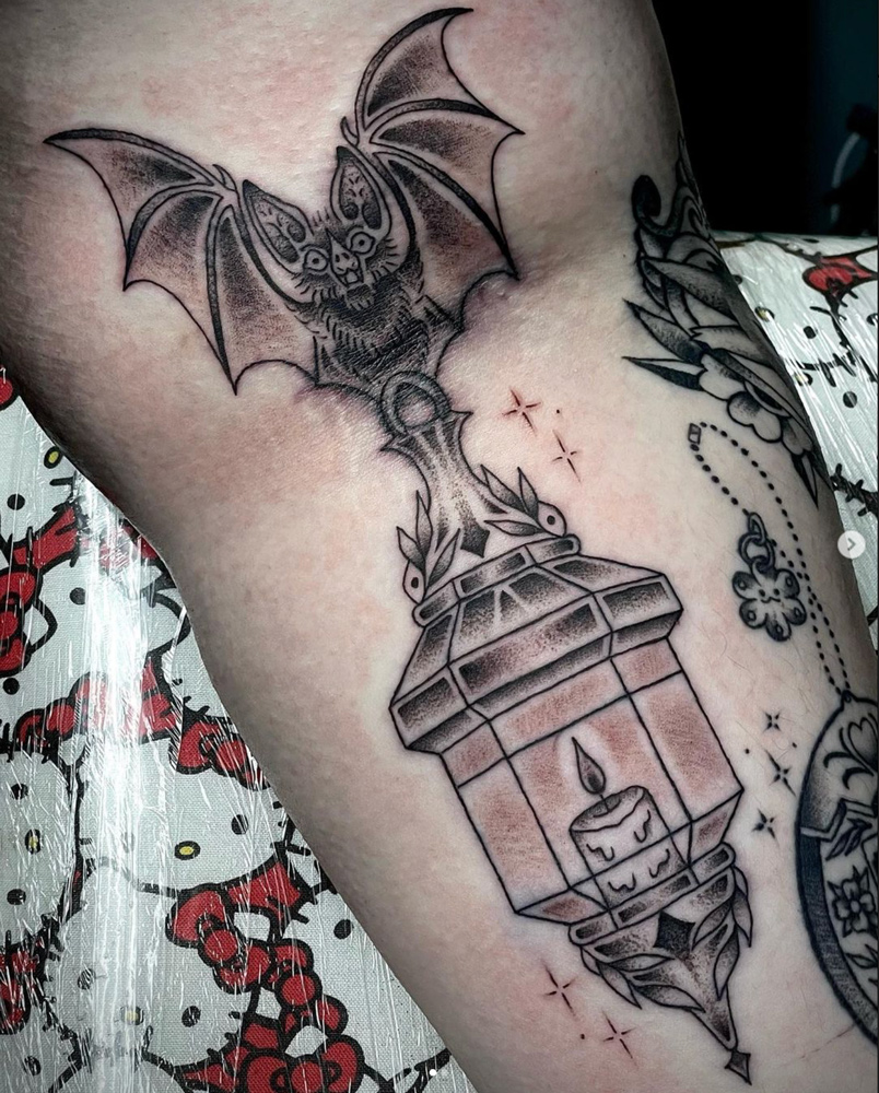 blackwork dark tattoo dallas bat lantern