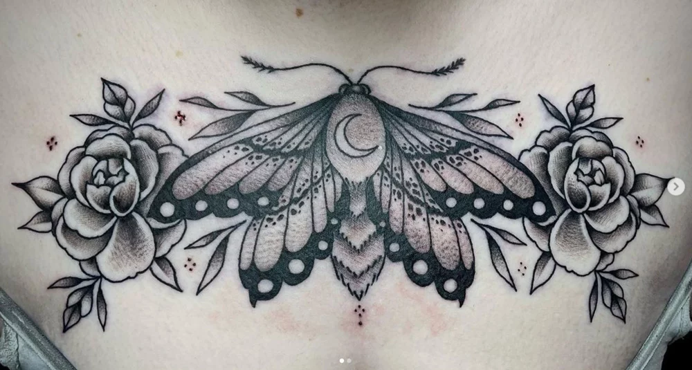 blackwork rose butterfly tattoo dallas dark