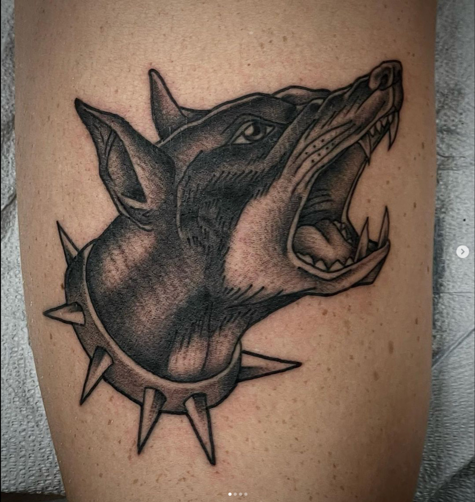 blackwork tattoo dallas dark dog portrait doberman