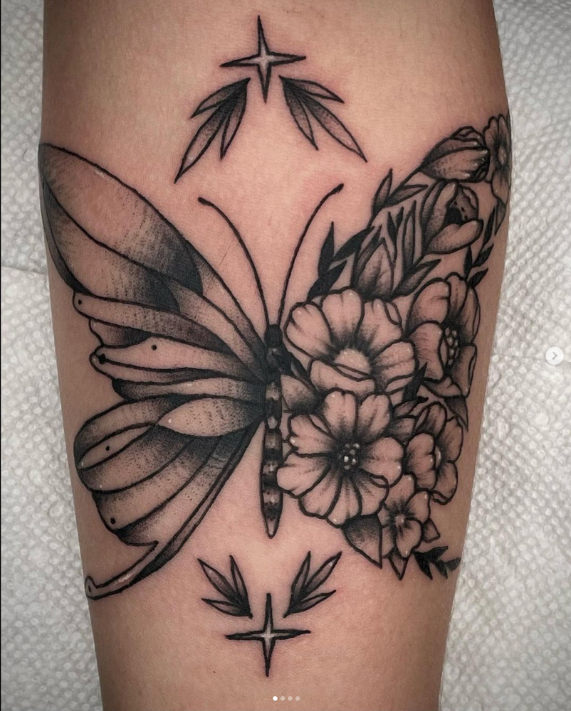 flowers butterfly blackwork tattoo dallas dark