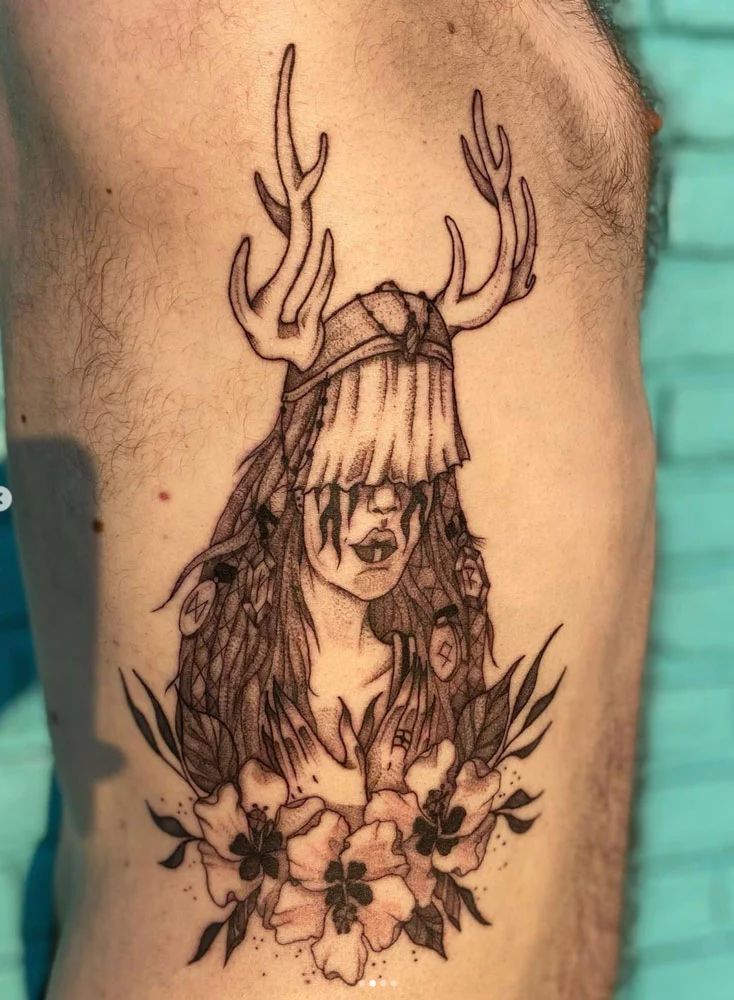 dallas tattoo black grey flower woman antlers leah