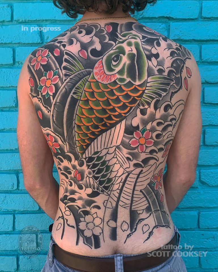 Blossoms koi backpiece japanese irezumi tattoo by Scott Cooksey