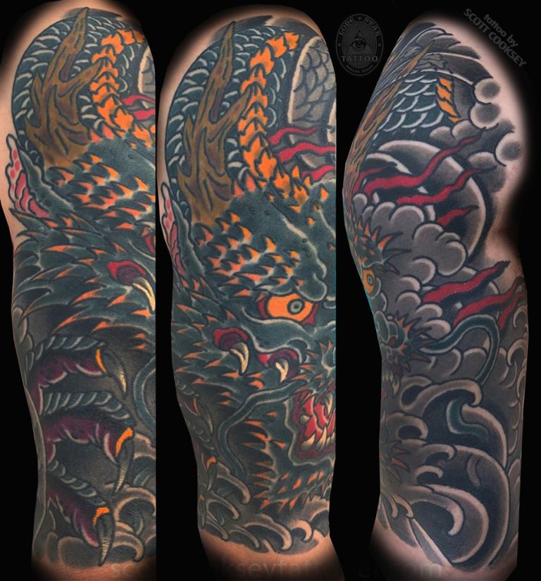 Blue japanese irezumi dragon tattoo by Scott Cooksey