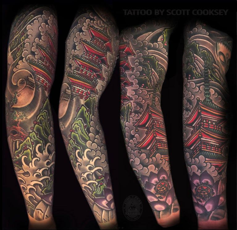 Buddha pagoda japanese irezumi tattoo by Scott Cooksey