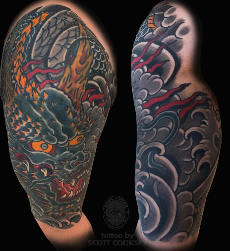 Japanese irezumi dragon blue tattoo by Scott Cooksey