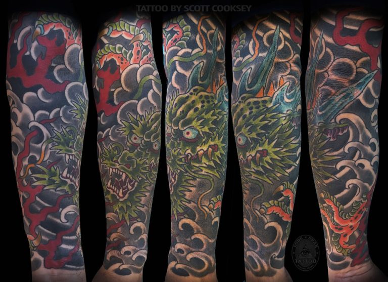 Japanese irezumi dragon sleeve tattoo by Scott Cooksey