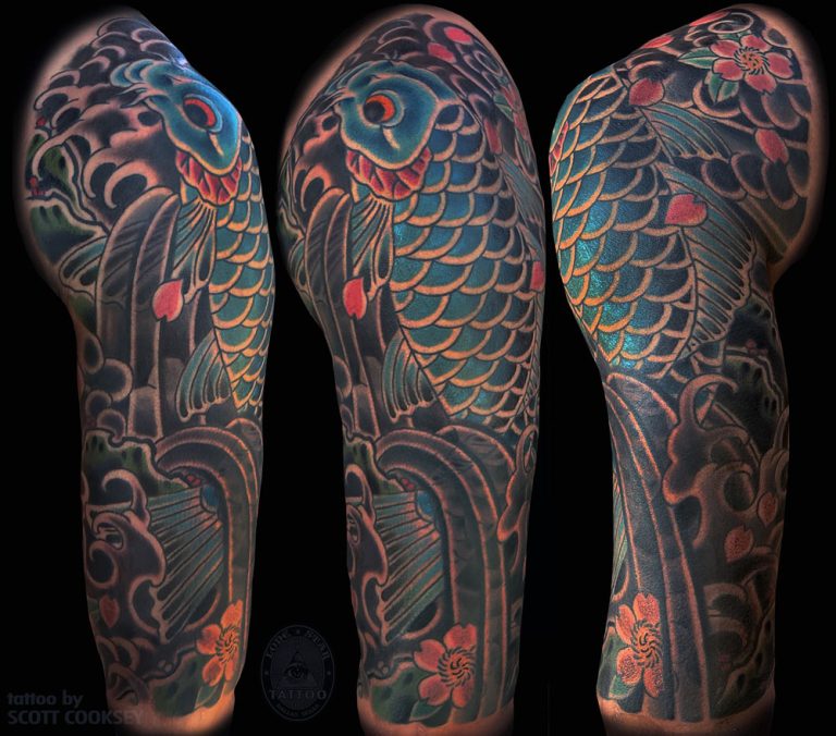 Japanese irezumi koi blue tattoo by Scott Cooksey