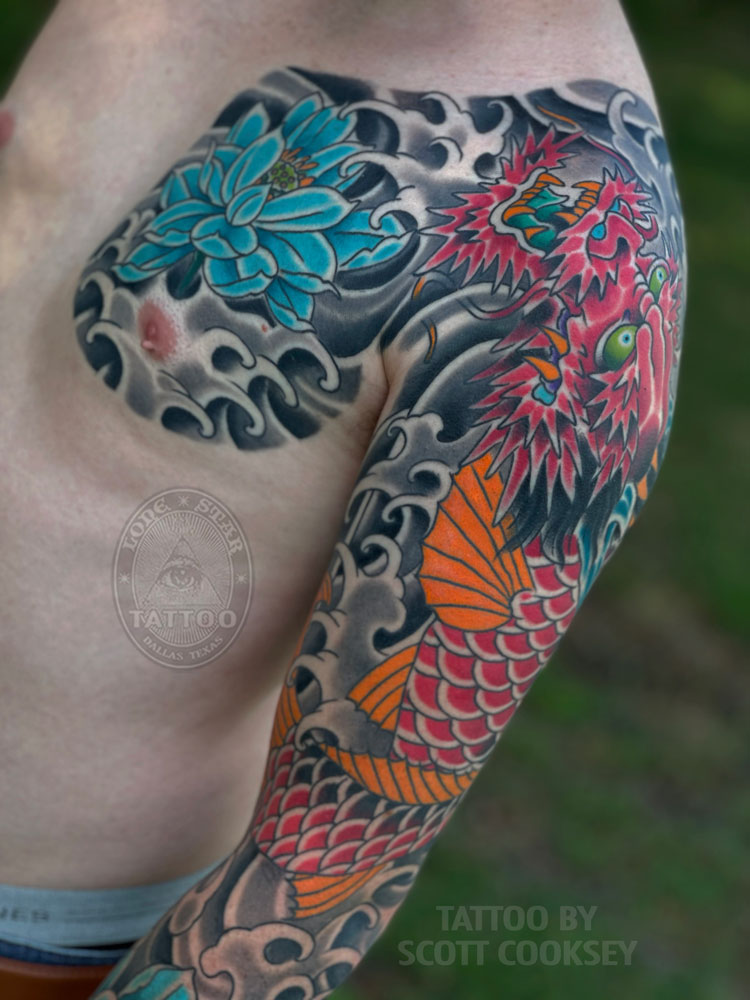 dallas japanese tattoo irezumi lotus dragon sleeve koi