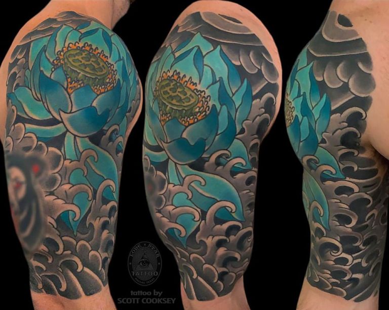 Japanese irezumi lotus waves tattoo by Scott Cooksey