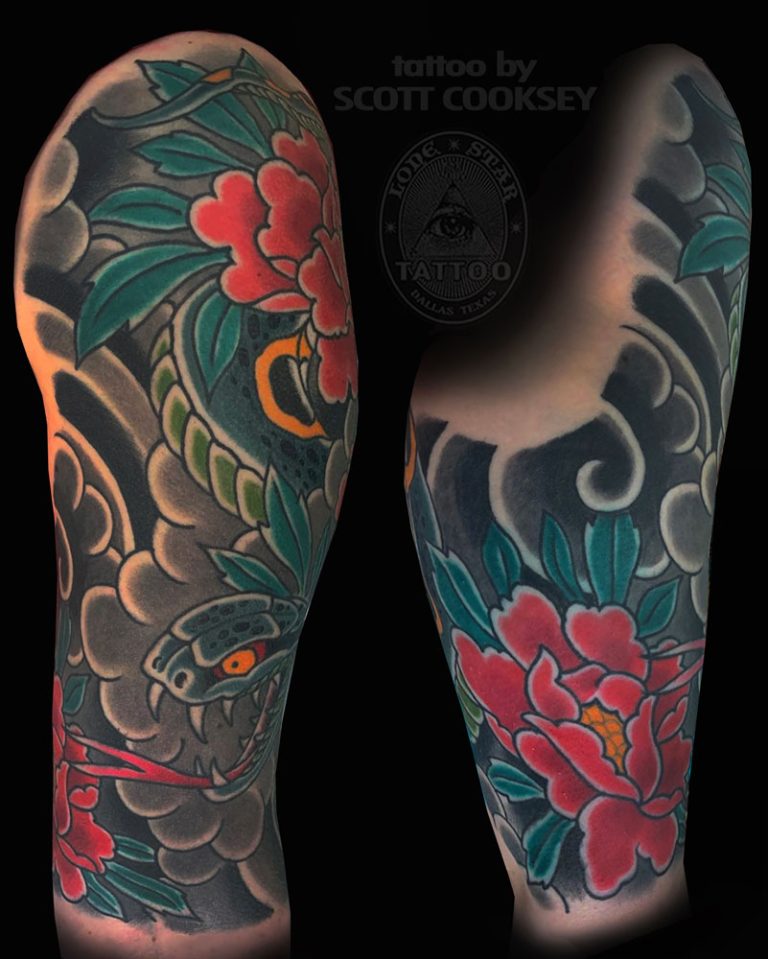 Japanese irezumi peony snake tattoo by Scott Cooksey