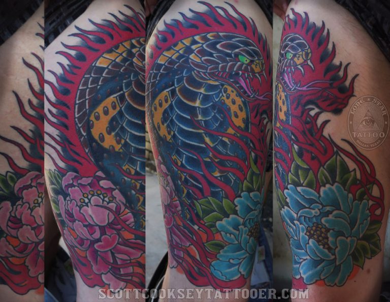 Japanese irezumi snake cobra peony tattoo by Scott Cooksey