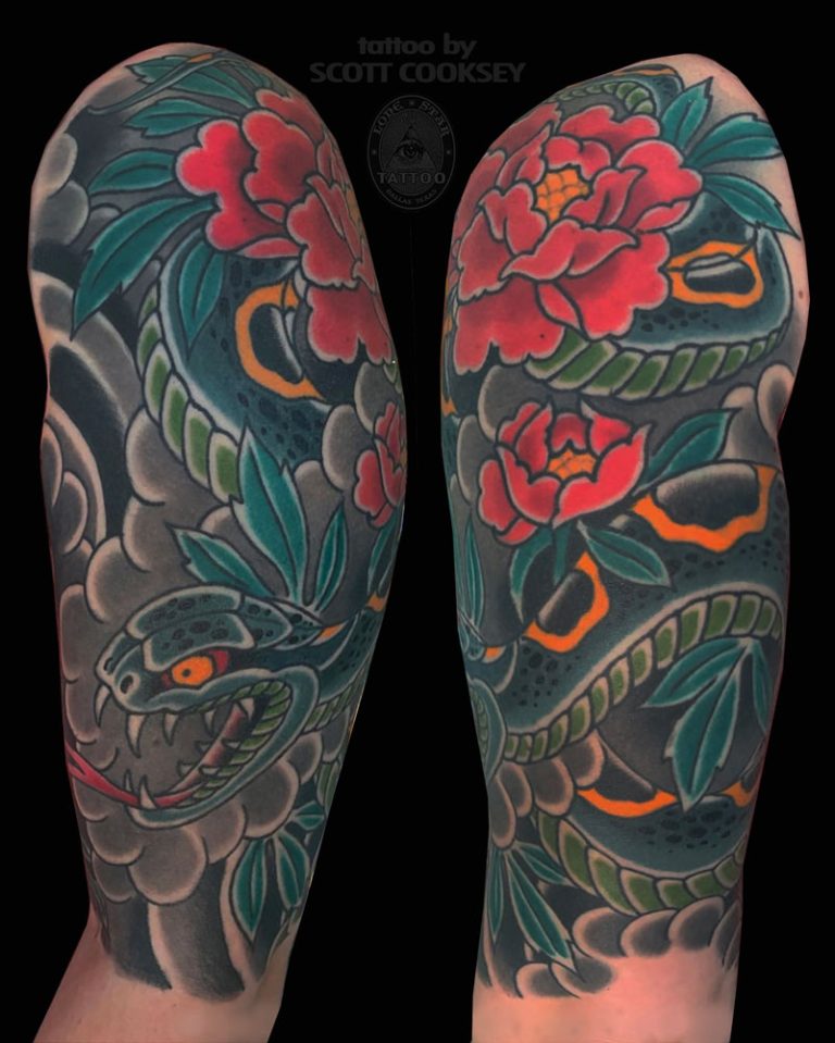 Japanese irezumi snake peony tattoo by Scott Cooksey