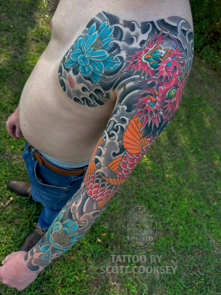 dallas tattoo japanese irezumi dragon sleeve koi lotus