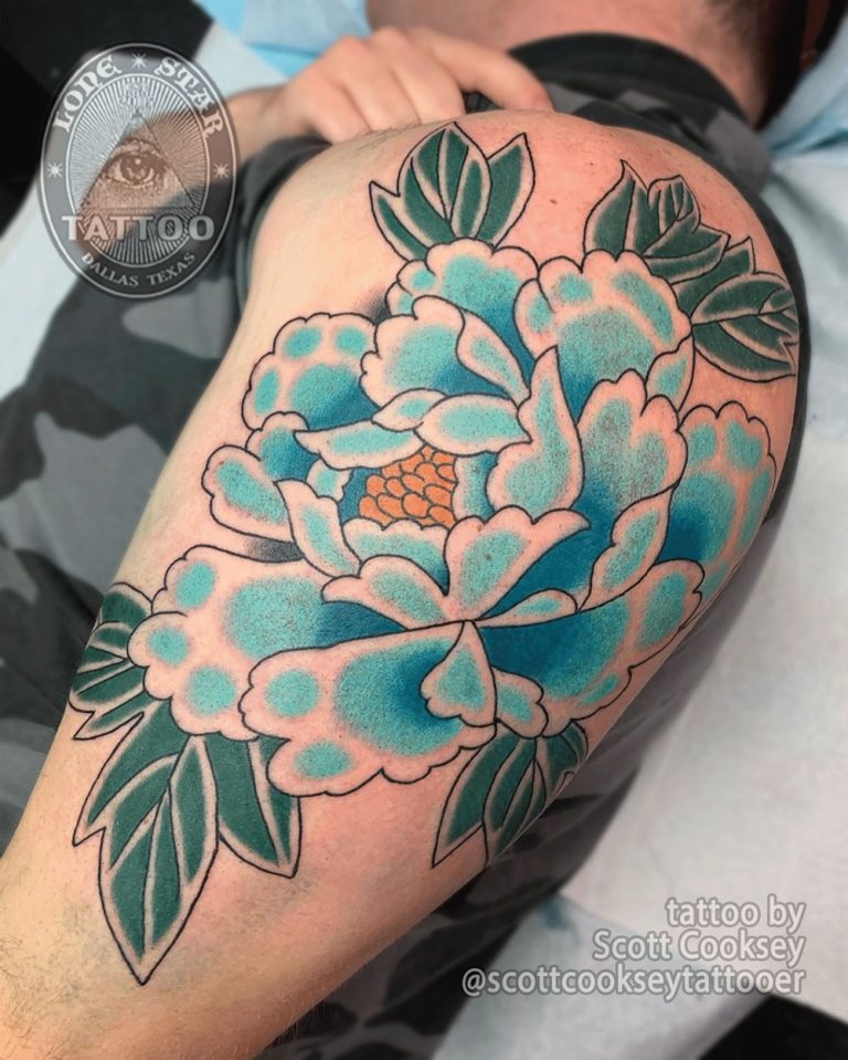Traditional peony tattoo by Scott Cooksey