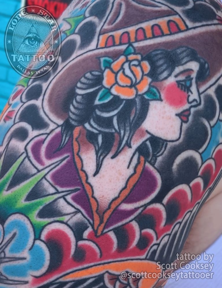 Traditional lady head tattoo by Scott Cooksey