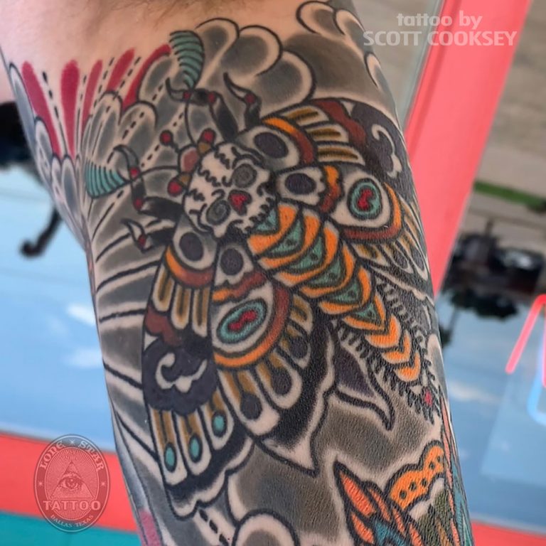 Deaths head hawkmoth skull traditional tattoo by Scott Cooksey