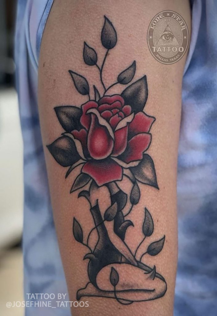 josefhine red rose vine tattoo dallas traditional