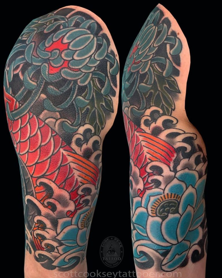 Koi crysanthemeum lotus japanese irezumi tattoo by Scott Cooksey