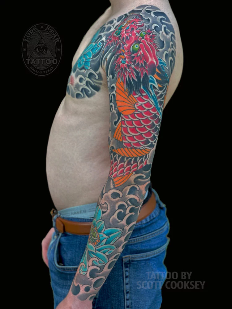 koi dallas japanese tattoo irezumi dragon sleeve lotus