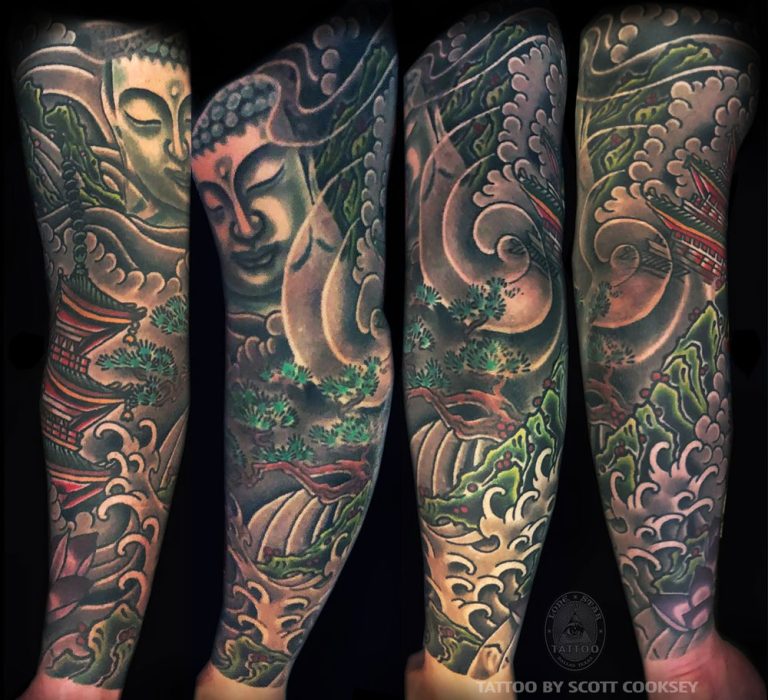 Pagoda buddha japanese irezumi tattoo by Scott Cooksey