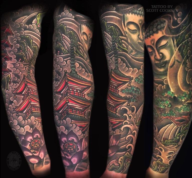 Pagoda buddha japanese irezumi tattoo by Scott Cooksey