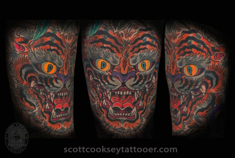 Tiger head japanese irezumi tattoo by Scott Cooksey