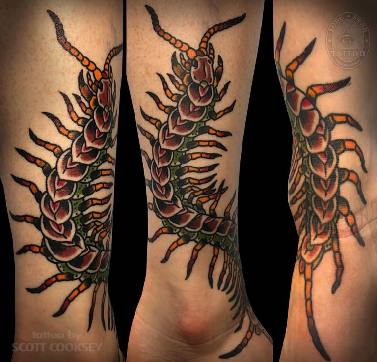 Traditional centipede creepy tattoo by Scott Cooksey