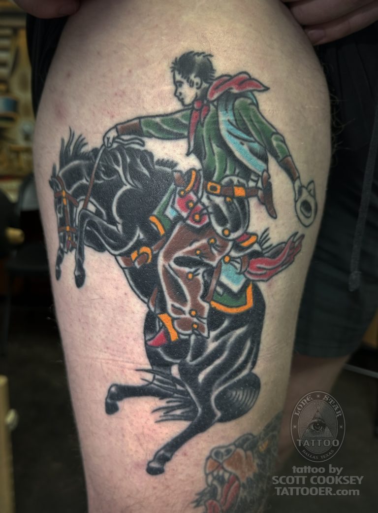 Traditional cowboy horse tattoo by Scott Cooksey