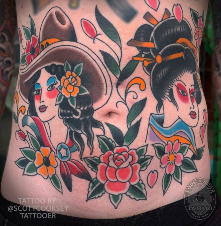 Traditional cowgirl geisha rose tattoo by Scott Cooksey