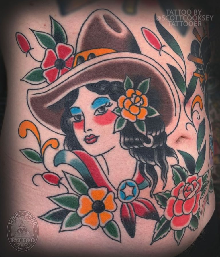 Traditional cowgirl pinup lady head tattoo by Scott Cooksey