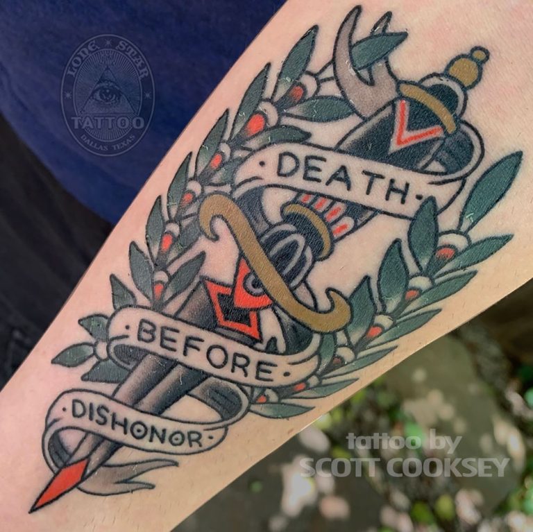 Traditional death before dishonor dagger tattoo by Scott Cooksey