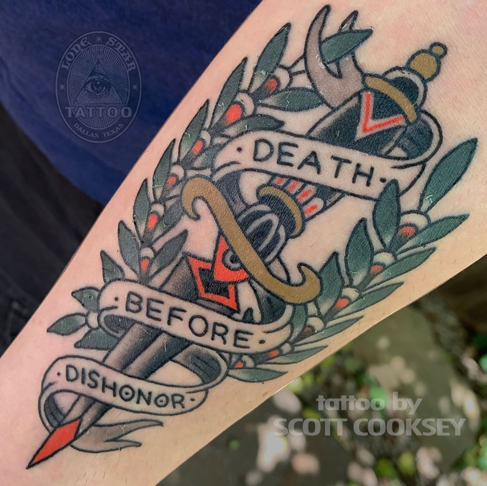 traditional tattoo dallas death before dishonor dagger