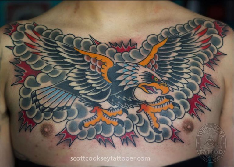Traditional eagle chest tattoo by Scott Cooksey