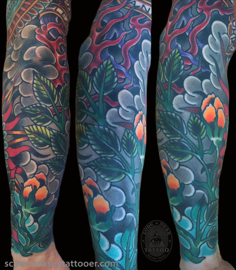 Traditional flowers flames tattoo by Scott Cooksey
