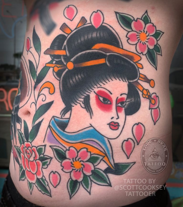 Traditional geisha rose blossoms tattoo by Scott Cooksey