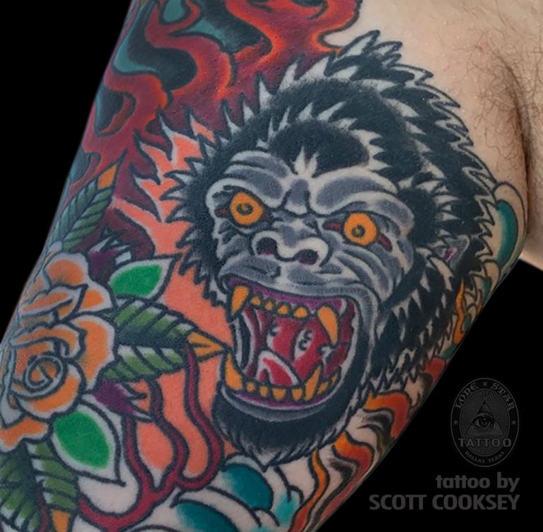 Traditional gorilla head tattoo by Scott Cooksey
